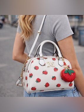 White Strawberry-Print Dome Satchel with Gold Hardware